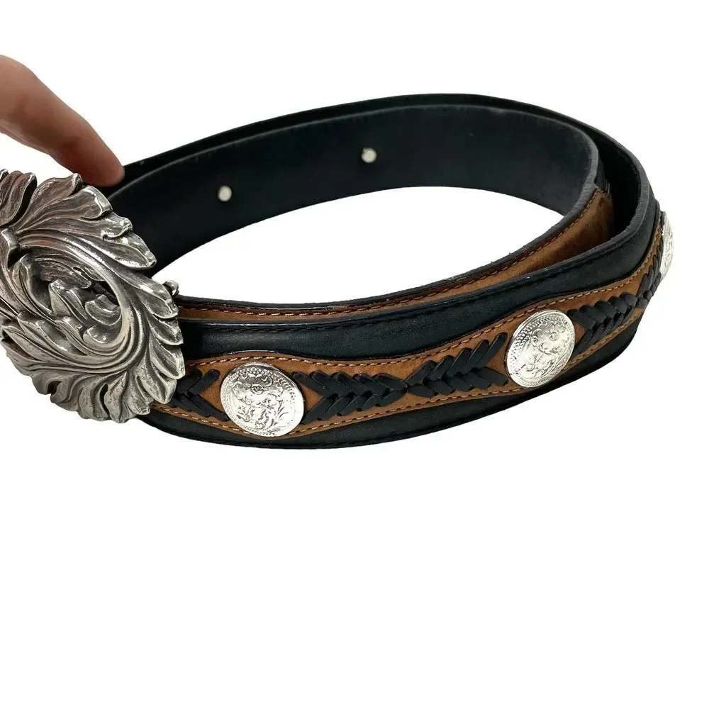 Tony Lama leather braided coin studs‎ floral buckle belt Sz 44 western boho